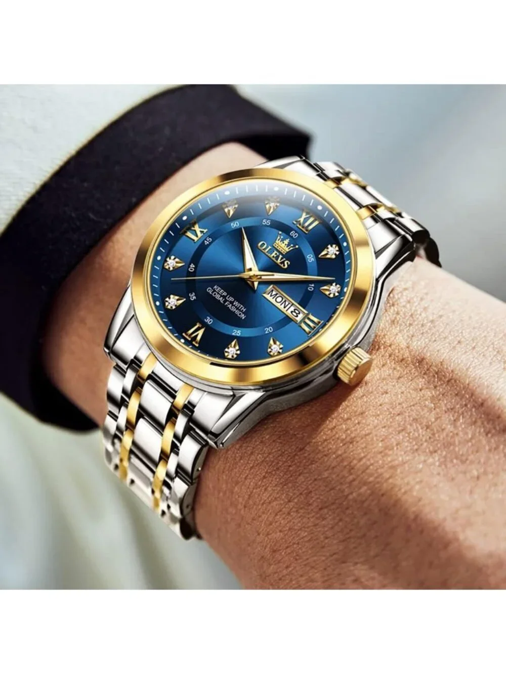 Men's Gold Blue Quartz Stainless Steel Waterproof Luminous Luxury Wooden Watch